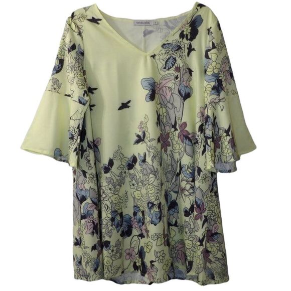 FINAL PRICE Misslook Yellow Floral Print Flutter Sleeve Tunic Blouse Top - Picture 1 of 9